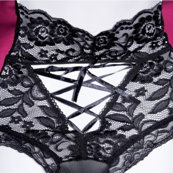 High Waist Black Lace Lace Up Cheeky Shortie Panty - Picture 7 of 8